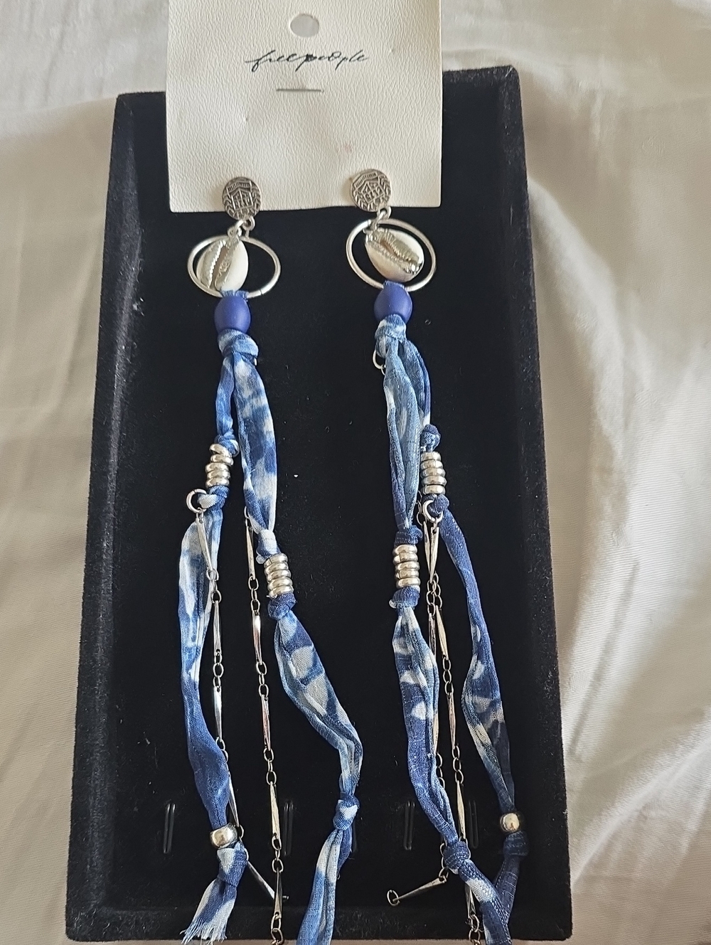 Free People Blue Tie-Dye Tassel Drop Earrings 8 Inches Long